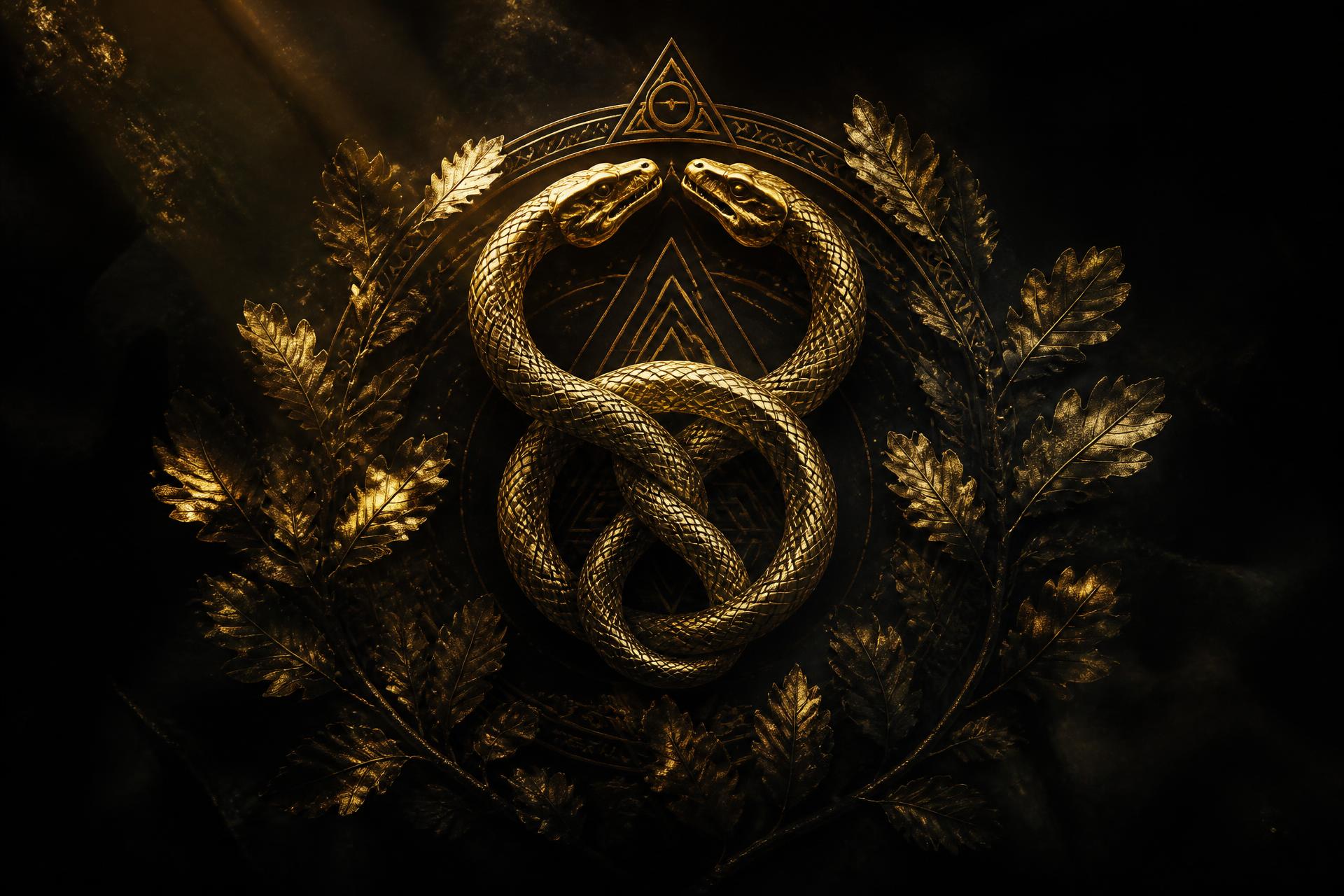 Golden emblem of intertwined serpents and oak leaves — a symbol of strength, support, and transformation